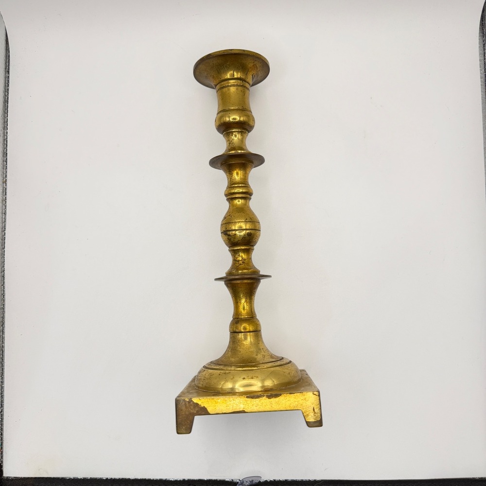 Vintage Brass Tone Candlestick 9.5" Square Base Taper Holder Heavy Finish Loss